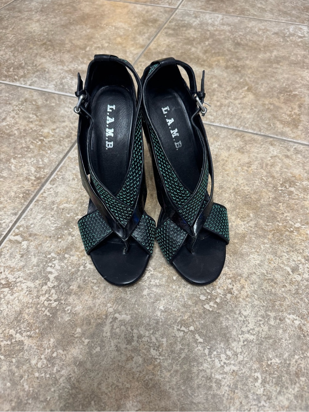 L.A.M.B. Black and Teal Iridescent Cross-Strap High Heel Sandals - Picture 2 of 8